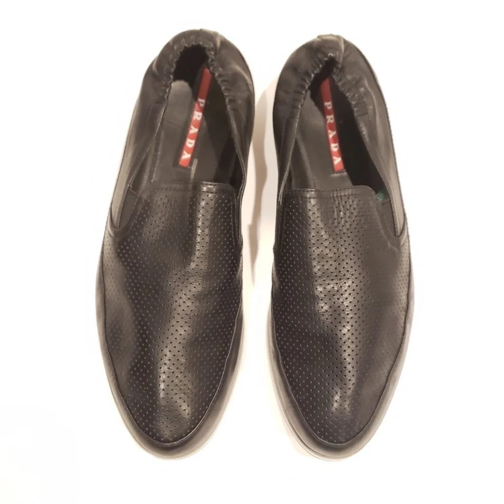 Prada Mens size 9.5 4d slip on black leather shoes sneakers loafer hybrid shoe